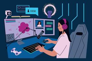 illustration of female streamer at gaming desk with multiple screens, microphone, headphones, gaming setup. game interface in flat cartoon style, perfect for gaming, online streaming vector