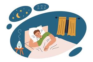 illustration of man peacefully sleeping in bed, cozy bedroom with window, nightstand with humidifier. Comfortable pillow, blanket and bedding. Night scene with stars and moon. Rest, relaxation vector