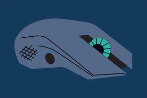 illustration of stylish gaming mouse on dark background. Flat cartoon design with modern, futuristic tech features, neon LED lights. Ergonomic and sleek gaming device for gamers vector