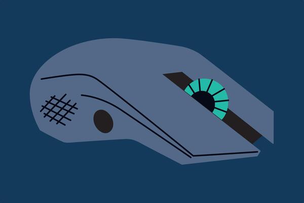 illustration of stylish gaming mouse on dark background. Flat cartoon design with modern, futuristic tech features, neon LED lights. Ergonomic and sleek gaming device for gamers