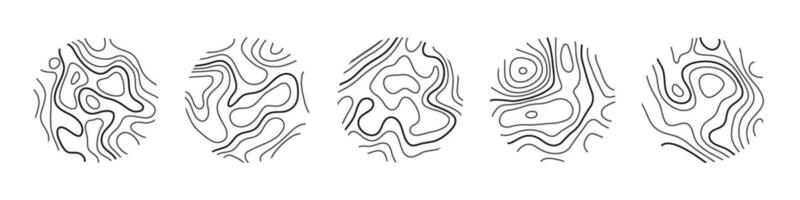 Circular wood rings or topographic map lines texture set. Wood tree topographic abstract lines collection vector