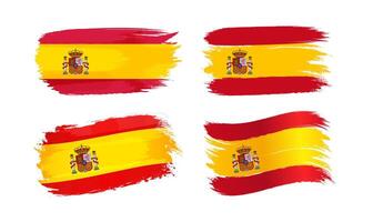 Set of creative Spanish flags. Handdrawn style. Abstract brushing shapes with flag of Spain background and isolated clipping mask. 3D waving and flat collection. Tourism emblem. Holiday concept. vector