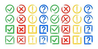 Dirty grunge cross x, tick OK, exclamation and question check marks in check boxes. vector