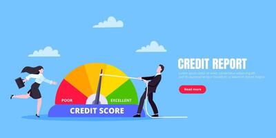 Man and woman push credit score arrow gauge speedometer indicator with color levels. vector