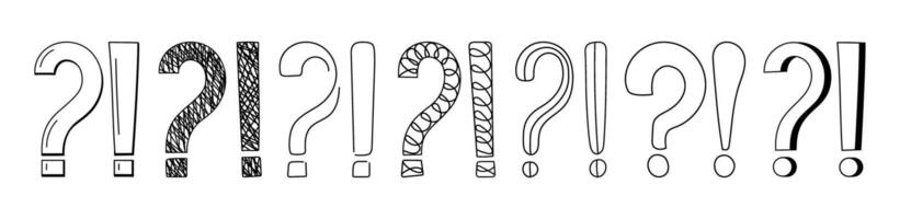 Doodle question and exclamation marks hand drawn sketch illustration set. vector