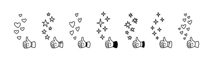 Handwriting thumb up like icons set. Cute line doodle falling stars and hearts. Social media reaction symbol. Like button. Post share concept. Live stream feedback illustration vector