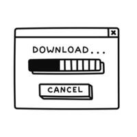 Cute doodle PC window with download process in Y2k aesthetic. Retro computer interface with button from 90s and 00s. Hand drawn popup element isolated on white. Nostalgia for vintage 1990s vibes. vector