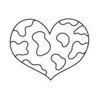 Cute line doodle heart with cow pattern in Y2k aesthetic. Retro love symbol with abstract blob from 90s, 00s. Hand drawn simple heart with animal print isolated on white. Nostalgia for 1990s vibes vector
