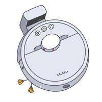 Cute colourful doodle robot vacuum cleaner with docking station, brush and buttons. Remote wireless industrial sweeper for maintenance pure home via smartphone. Technique for automation housework. vector