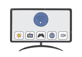 Cute doodle smart TV with internet and wireless control via smartphone. Hand drawn intelligence television display for watching , webinar, news. Internet of things device isolated on background. vector
