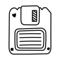 Cute doodle floppy disk for information storage from 90s and 00s. Retro diskette for PC, computer memory as symbol of Y2k. Hand drawn magnetic disk isolated on white. Nostalgia for 1990s aesthetic. vector
