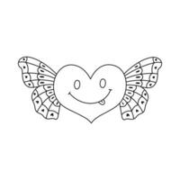Cute doodle heart with butterfly wings and smile emoji in Y2k aesthetic. Retro love symbol from 90s and 00s. Hand drawn outline heart with insect isolated on white. Nostalgia for 1990s vibes vector