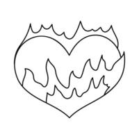 Cute doodle heart in flame in Y2k aesthetic. Outline retro love symbol from 90s and 00s. Hand drawn simple heart with fire isolated on white background. Nostalgia for vintage, 1990s and 2000s vibes. vector