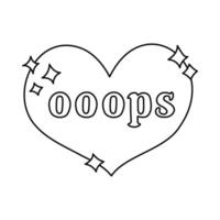 Cute doodle heart with lettering Oops and stars in Y2k aesthetic. Retro love symbol from 90s and 00s. Hand drawn simple heart with typography with outline isolated on white. Nostalgia for 1990s vibes vector