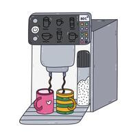 Cute doodle smart coffee machine making coffee in mugs, multiple buttons and settings. Hand drawn intelligence electric coffee maker. Professional automatic barista device to control via smartphone. vector
