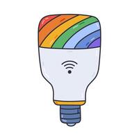 Cute doodle smart lamp with rainbow light and wi-fi for wireless control home technique via phone. Hand drawn intelligence electronic light bulb. Internet of things device for automation housework vector