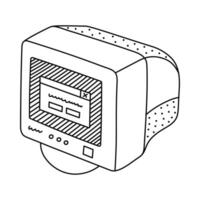 Cute doodle retro computer with CRT monitor from 90s and 00s. Old PC machine with outline as badge of 1990s. Nostalgia for vintage and Y2k aesthetic, vibes. Hand drawn clipart isolated on background. vector