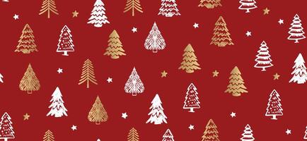 Christmas tree pattern on red background, Hand drawn illustrations. vector