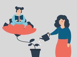 Mother committed in the progress and development of her daughter. Little girl sits on a big flower and reads a book while her parent waters it. Concept of parenting, education and child care. vector