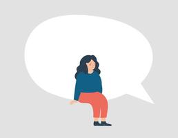Woman sits on a large empty speech bubble. Girl sits on a big frame or symbol of online message or comment. Concept of sharing ideas and opinions. Concept of conversation and communication. vector