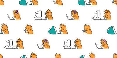 cat seamless pattern kitten working calico neko pc computer laptop notebook pet smart phone doodle pet cartoon gift wrapping paper tile background repeat wallpaper illustration design vector