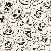 Halloween pumpkin faces seamless pattern. Spooky carved pumpkin faces on a seamless background in doodle outline style. Jack O Lantern backdrop for wrapping paper, banners, textiles, and decor. vector