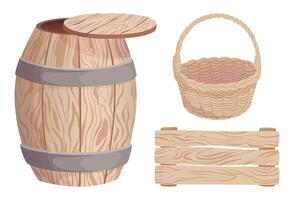 Empty wooden farm barrel, crate, and wicker basket. Different storage containers. Illustration of keg, box, and basket for vegetables, fruits, wine, honey, and autumn harvest. For label, banner vector