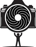 a man holding up a camera on top vector