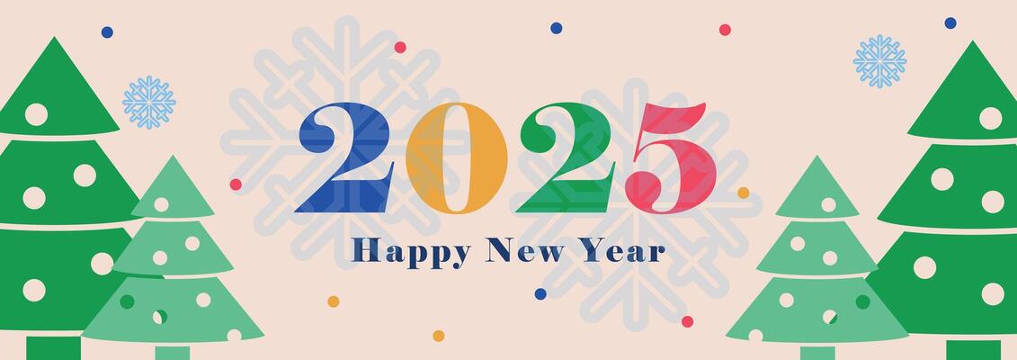 Colorful Happy New Year 2025 greeting card. Minimalist design with Christmas trees and festive geometric design elements. Modern beautiful Xmas design for poster, cover template