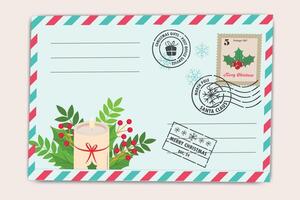 Vintage Christmas postcard with candle, holly leaves design and festive stamps. Merry Christmas card. Winter holiday vintage greeting card. vector