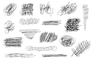 Set of different pen stroke textures. Grunge ink lines and swirls. Marker patterns, grunge scribbles, brush strokes. Set of abstract shapes and curves. Hand drawn pen scribbles. vector