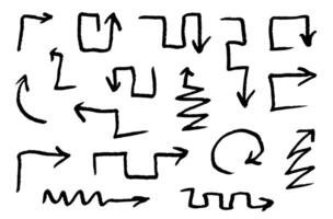 Hand drawn various curved lines and arrow curls. Drawing with a marker, different arrows in pencil. Set of icons. Outline direction signs. vector