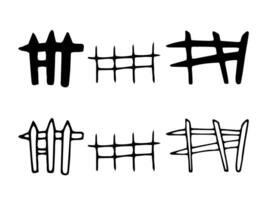 Various fence designs in graphic minimalist style. Black outline in doodle style. Hand drawn graphic illustration. Rustic or themed wooden objects. Line clip art of various Halloween silhouettes vector