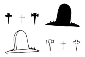 Silhouette of tombstone with crosses for Halloween in graphic style. Hand drawn line illustration. Clipart of monochrome object in doodle style. Simple shapes create a creepy, ominous atmosphere vector