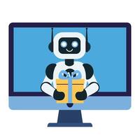 The robot gives a gift on the computer monitor screen vector