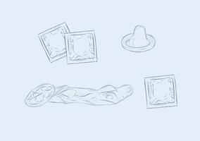 Packed and unpacked condoms set drawing on blue background vector
