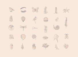 Set of modern graphic design elements in minimalism art line style drawing beige muffled tones. vector