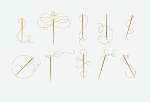Needles and thread for sewing collection drawn with swirls element in baroque style in beige color vector