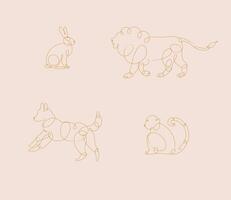 Set of animals rabbit, lion, dog, monkey drawing in pen line style on beige background vector