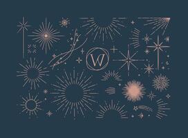 Set of flat design elements sun, sunset, sunbeams, stars borders, frame in modern line drawing with brown color lines on blue background vector