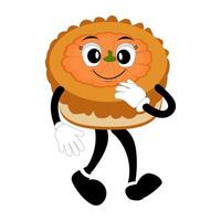 Cute illustration of a pumpkin pie character in the form of a smiling, a round pie with cream topping walking happily. Various expressions, suitable for halloween themed designs. vector