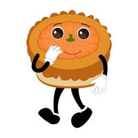 Cute illustration of pumpkin pie character smiling with hand on face, round pumpkin pie with cream topping walking happily. A variety of expressions, suitable for Halloween themed designs. vector