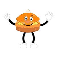 Cute illustration of smiling pumpkin pie character, round pie with cream topping waving happily. Various expressions, suitable for Halloween themed designs. vector