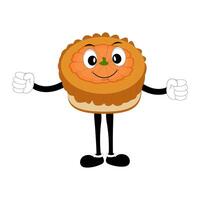 Cute illustration of smiling pumpkin pie character with two clenched hands, round pumpkin pie with cream topping walking happily. A variety of expressions, suitable for Halloween themed designs. vector