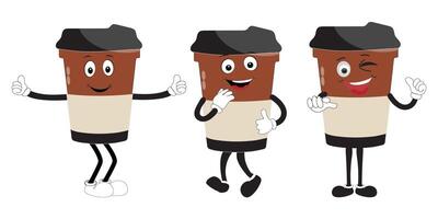 Coffee cup mascot character set, funny coffee cups with different facial expressions and poses. Funny colorful characters in doodle style, three vector