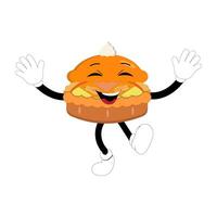 Cute illustration of a pie character in the form of a smiling slice with a raised thumb and a round pie with cream topping waving happily. Various expressions, suitable for halloween themed designs. vector