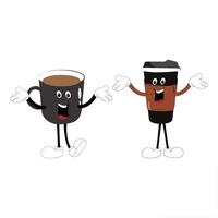 Coffee cup mascot character set, funny coffee cups with different facial expressions and poses. Funny colorful characters in doodle style, nine vector