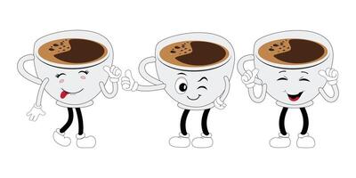 Coffee cup mascot character set, funny coffee cups with different facial expressions and poses. Funny colorful characters in doodle style, out tongue vector