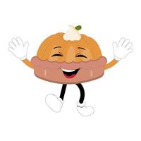 Cute illustration of smiling pie character with jumping legs, round pie with cream topping waving happily. Various expressions, suitable for Halloween themed designs. vector