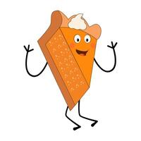 Cute illustration of smiling pumpkinpie character with jumping legs, slice pumpkin pie with cream topping waving happily. Various expressions, suitable for Halloween themed designs. vector